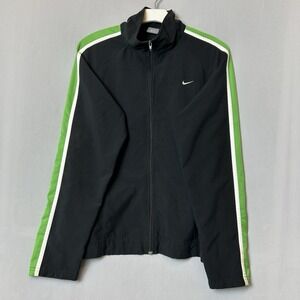 Nike Jacket Womens Large Black Green‎ Full Zip Track Swoosh Logo Pockets